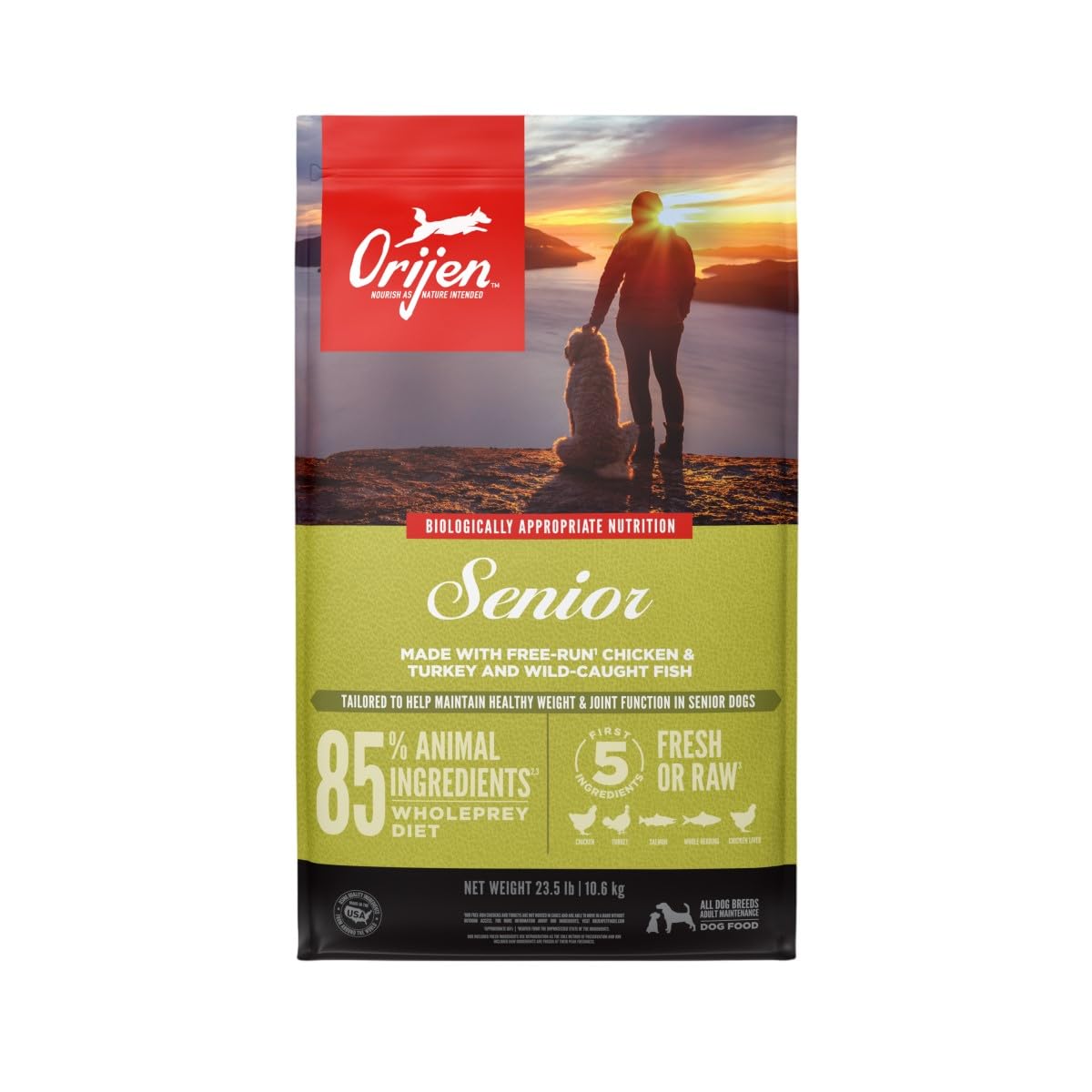 ORIJEN Senior Dry Dog Food - Grain Free, High Protein, Fresh & Raw Ingredients for Senior Dogs - 23.5lb Bag - Perfect for Aging Dogs with Sensitive Stomachs & Joint Support Needs