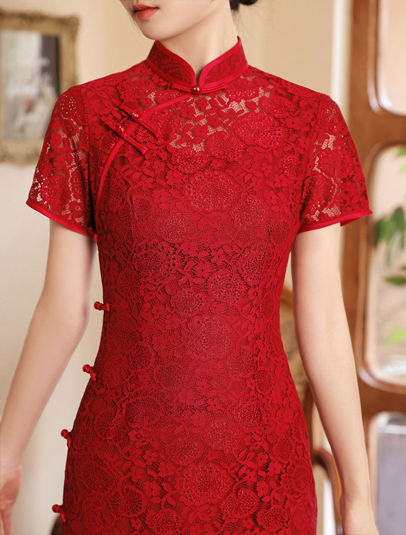 Elegant Burgundy Lace Midi Cheongsam Dress for Engagement Party, Wedding Guest, or Special Occasions | Traditional Chinese Qipao with Modern Twist