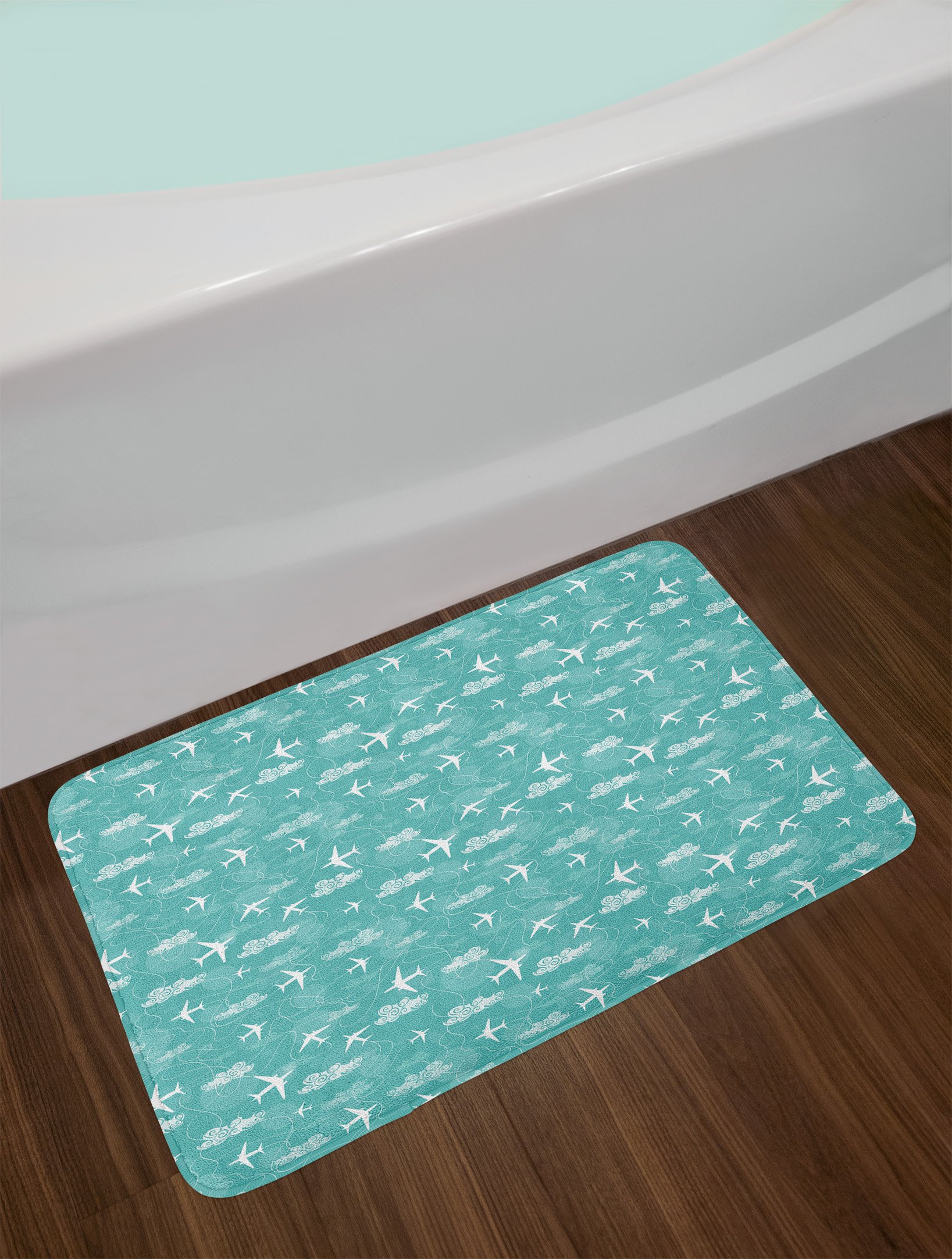 Ambesonne Airplane Bath Mat - Non-Slip Plush Bathroom Rug with Travel Vacation Theme, 30.2 x 20 Inches, Turquoise & White - Perfect for Kids' Bathrooms, Guest Suites & Aviation-Themed Decor