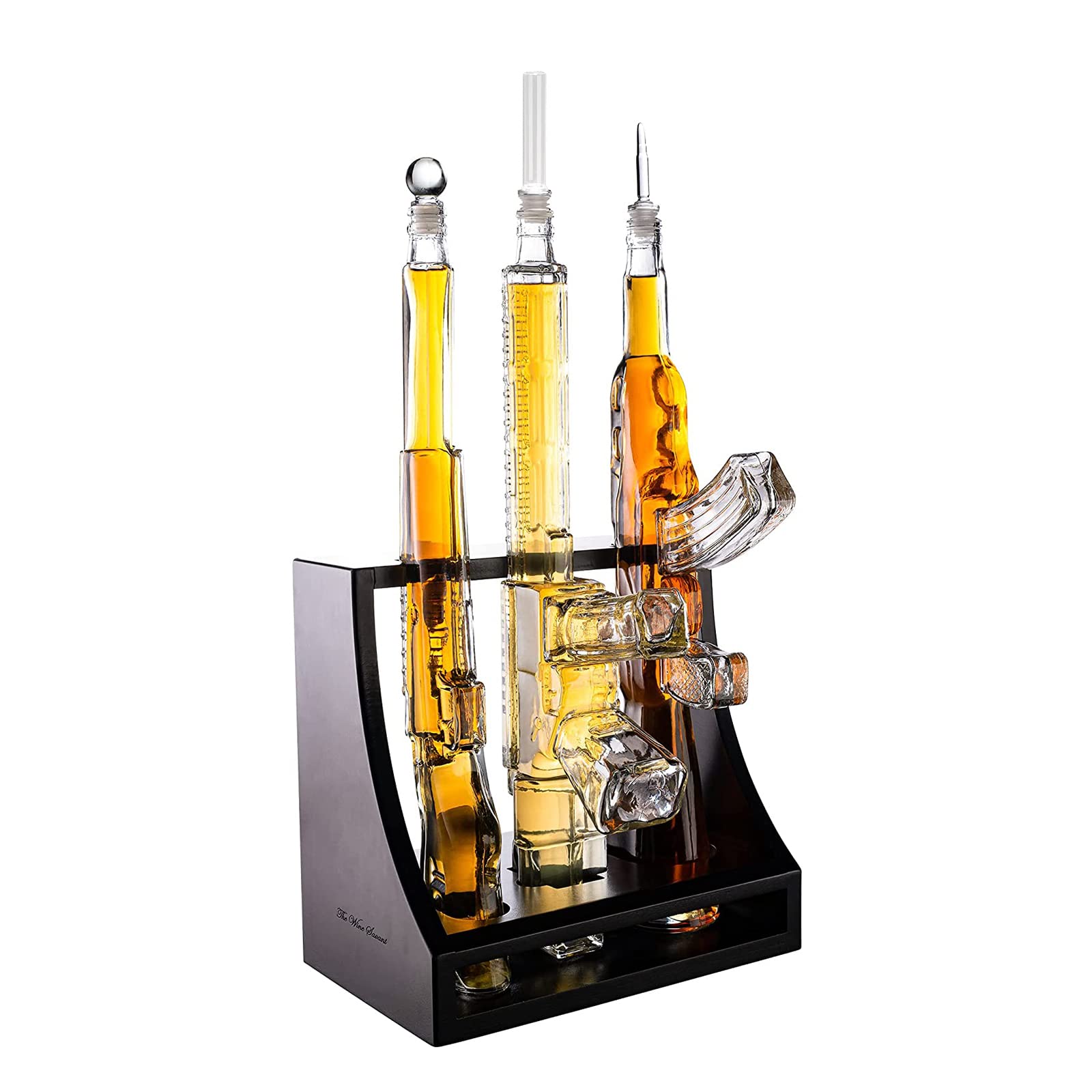 AR15 AK47 Rifle Whiskey Decanter Set with Display Rack - 3 Piece Gun Shaped Liquor Dispenser for Home Bar | Unique Gifts for Men, Dad, Husband, Veterans & Military | Perfect for Birthday, Anniversary & Whiskey Enthusiasts