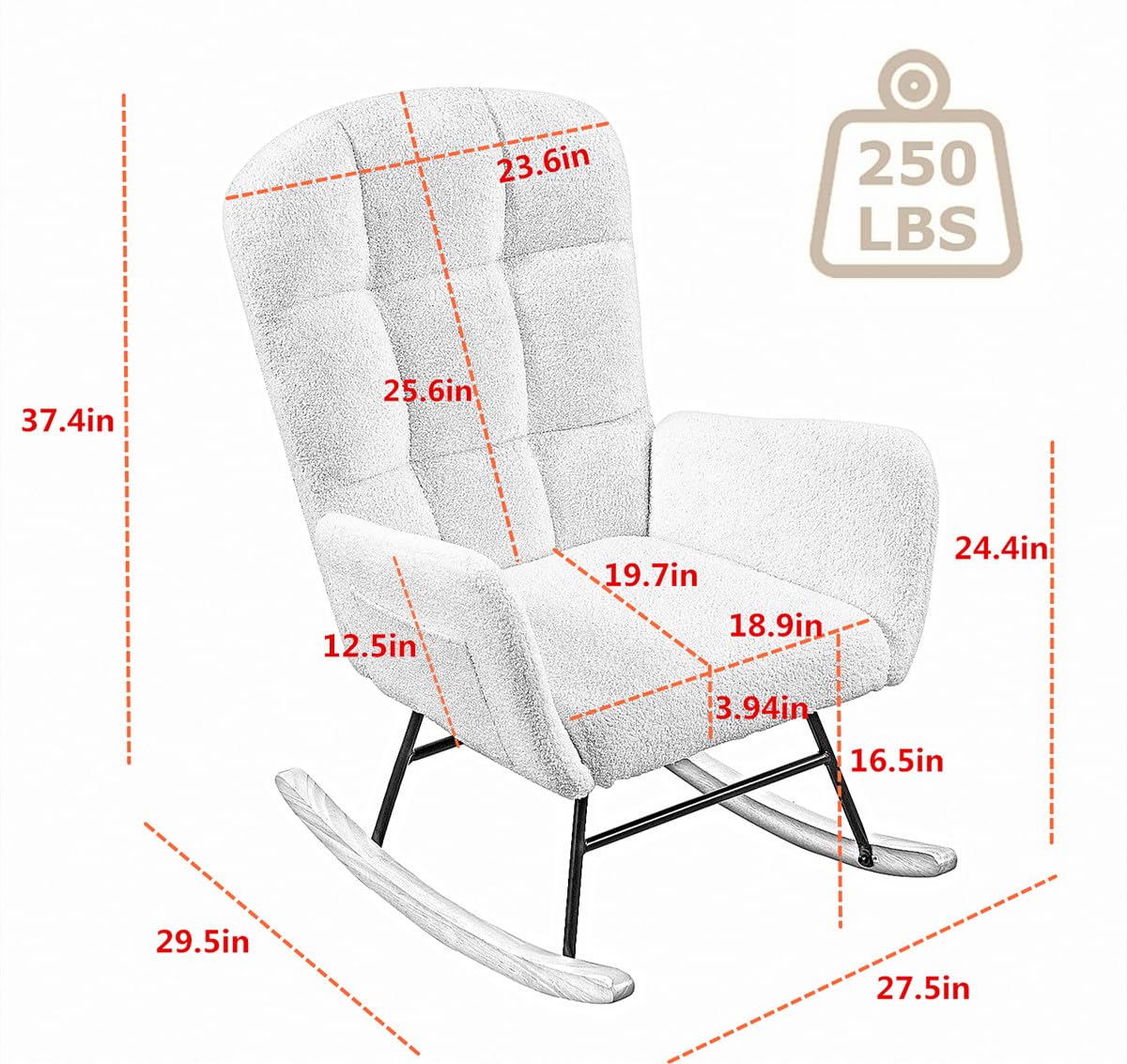 Comfortable Upholstered Nursery Rocking Chair with High Backrest - Pink Teddy Glider Armchair for Living Room, Bedroom & Office - Perfect for Nursing, Relaxing & Reading