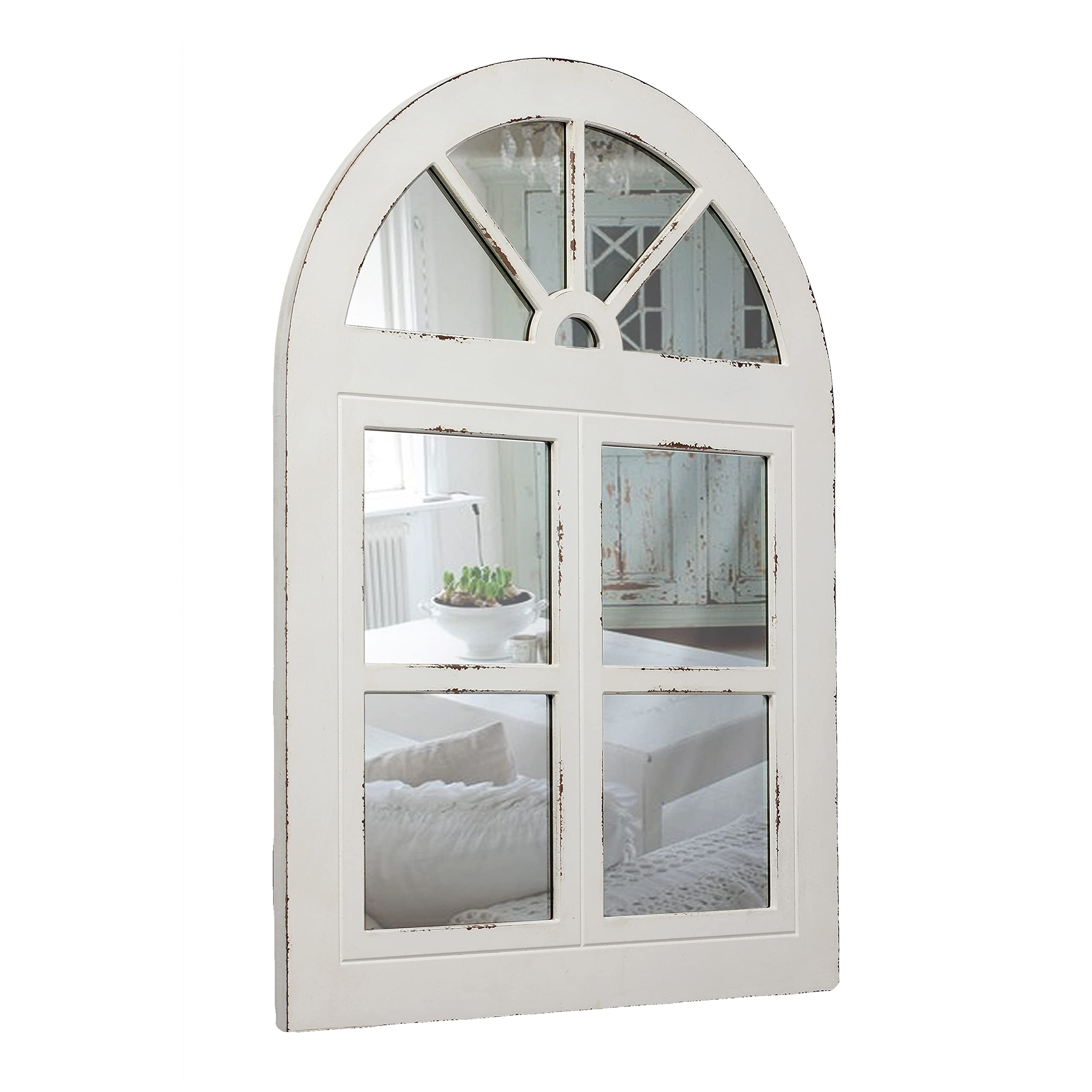Farmhouse Large Arched Window Mirror 30x40 Inches - Distressed White Wood Hanging Mirror with Cathedral Pane Design - Rustic Wall Decor for Living Room, Bedroom & Entryway - Perfect for Farmhouse, Vintage & Boho Home Decor Styles