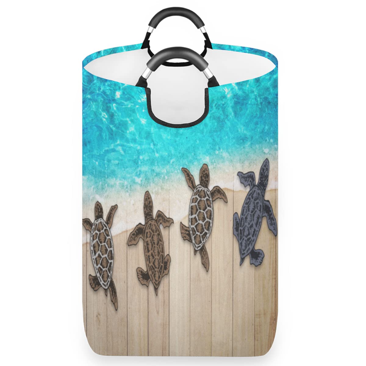FZDXZJJ Wooden Laundry Basket with Handles - Collapsible Ocean Turtle Design Hamper for Bathroom, Kids Bedroom & Dorm Storage | Perfect for Beach House, College Dorm & Toy Organization