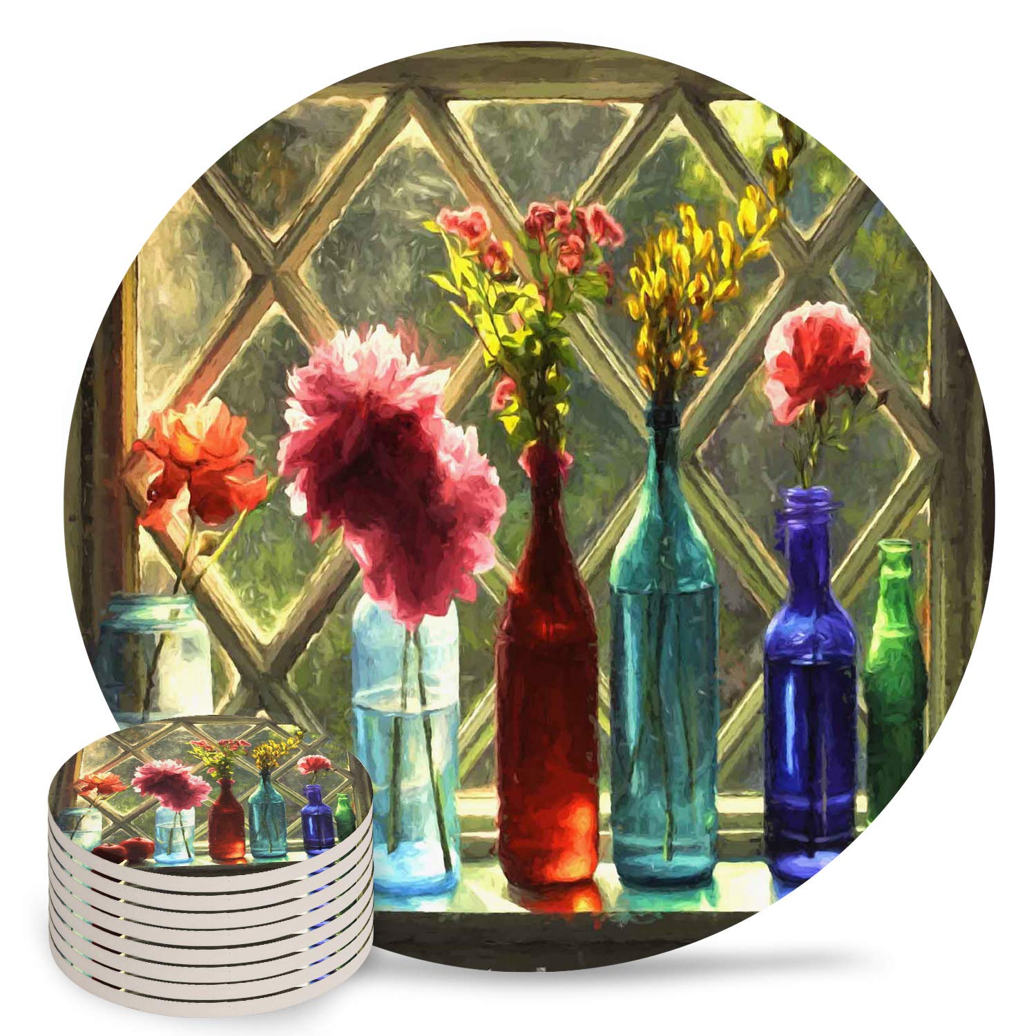 8-Pack Absorbent Ceramic Coasters Set - 4 Inch Drink Coasters for Dining Table, Kitchen, Home Bar & Party Decor - Floral Vase & Sunshine Windowsill Oil Painting Design - Perfect for Coffee, Wine & Beverage Protection