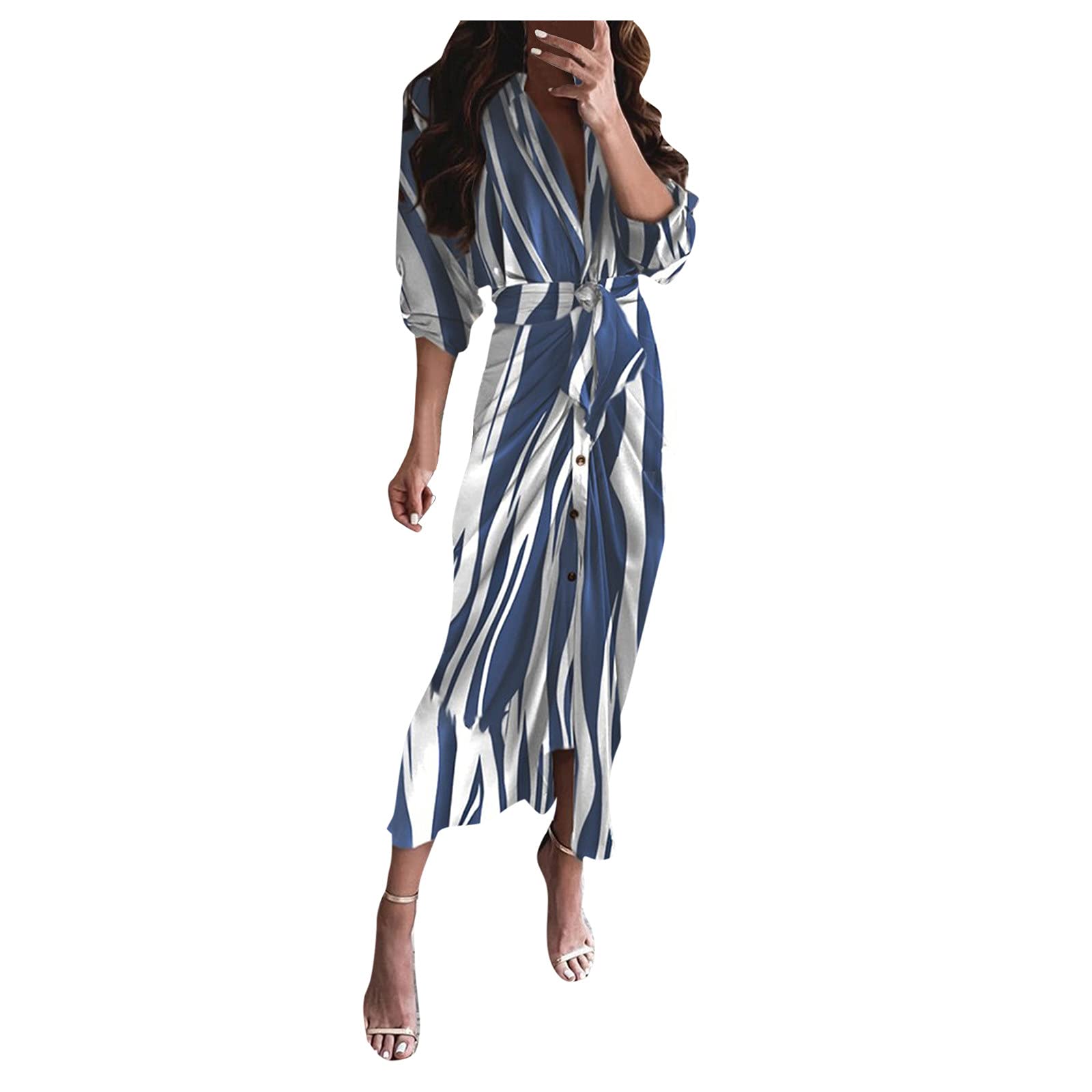 Women's Casual Belted Button Cardigan Dress with Print Sleeves - Satin Wrap Dress for Office, Date Night & Spring Outfits