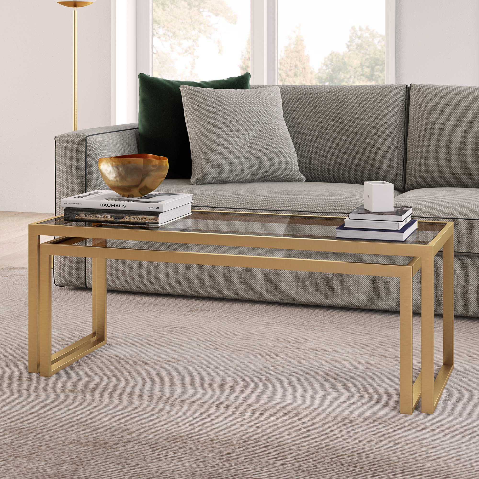 Henn&Hart Rectangular Nested Coffee Table in Brass - Modern Living Room Furniture, Minimalist Studio Apartment Essentials - Perfect for Small Spaces & Contemporary Home Decor