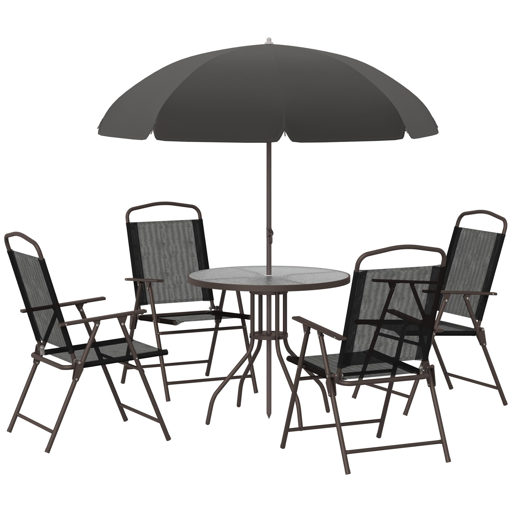Outsunny 6-Piece Black Patio Dining Set with Umbrella - Round Glass Table & 4 Folding Chairs for Outdoor, Garden, Backyard, Poolside - Perfect for BBQs, Parties & Relaxing in the Sun