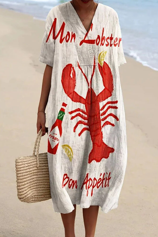 Stylish Marine Print V-Neck Short Sleeve Midi Dress for Women | Beach Vacation, Summer Outfits, Casual Wear