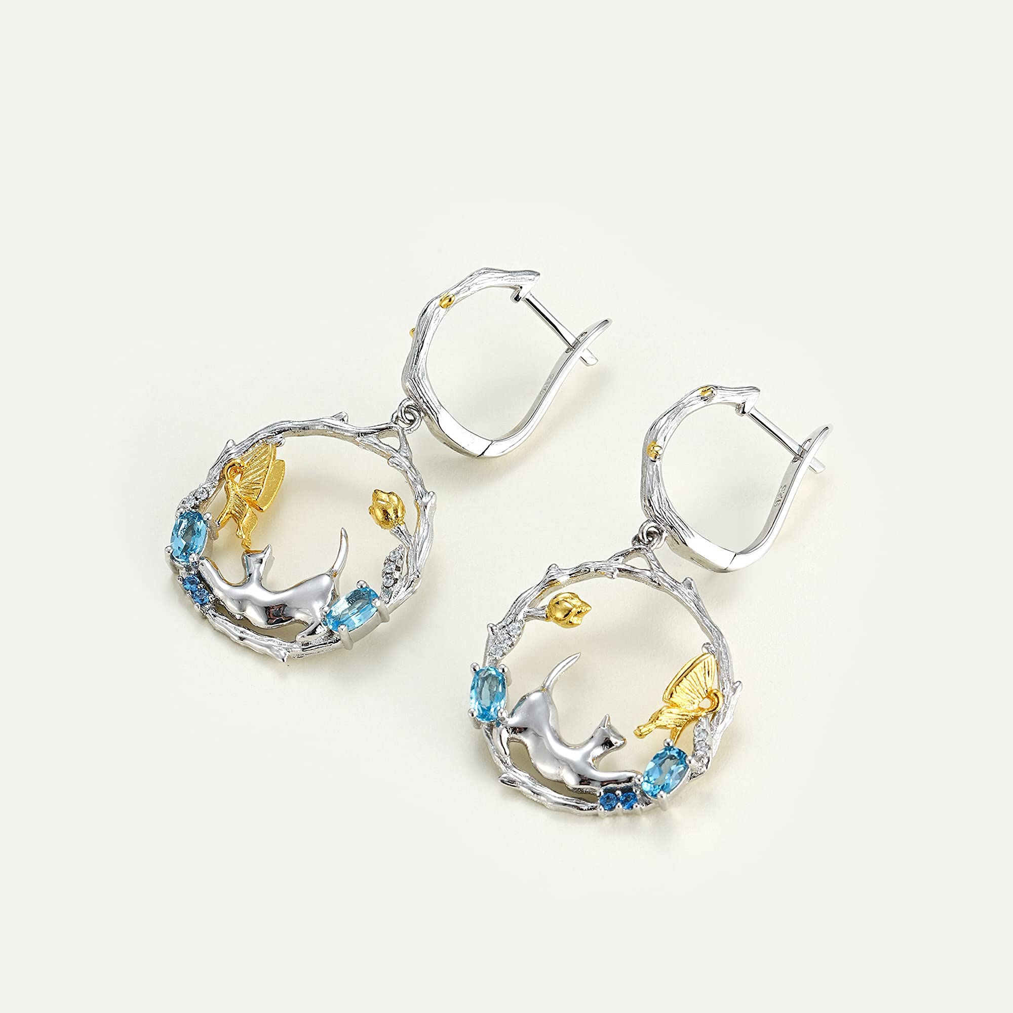 Handmade Swiss Blue Topaz Cat & Cupid Dangle Earrings - 925 Sterling Silver Latch Back Drop Earrings for Women & Girls | Birthstone Jewelry Gift for Valentine's Day, Anniversary & Special Occasions