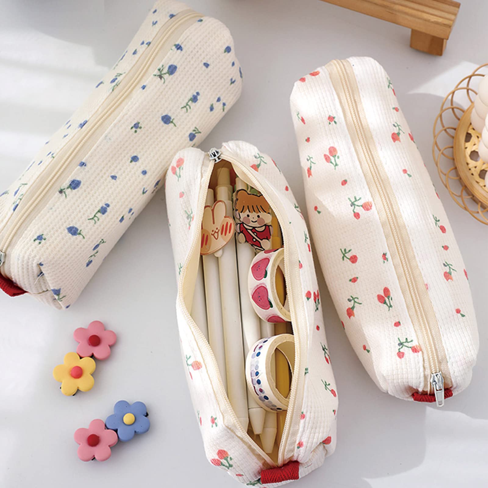 2 Pack Floral Pencil Cases for Women - Cute Soft Flower Design Pen Holder & Cosmetic Makeup Pouch (Perfect for School, Office & Travel Organization)