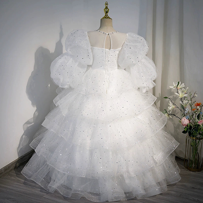 Princess Round Floor Length Tulle Flower Girl Dress in White - Perfect for Weddings, Baptisms & Special Occasions