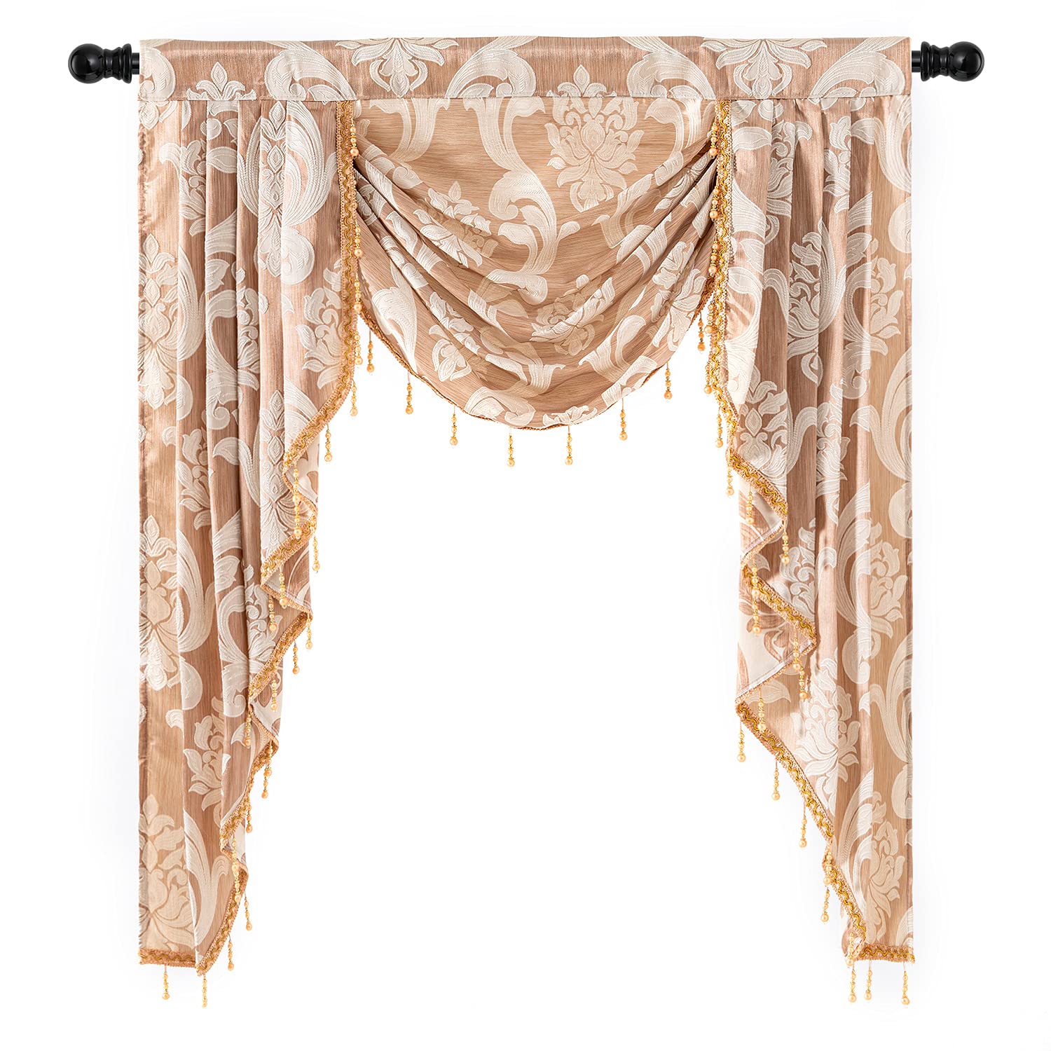 NAPEARL Beige Jacquard Waterfall Valance - Elegant Kitchen & Living Room Window Curtain Topper, Decorative Swag for Bedroom Windows (41-Inch Wide, 1 Panel) - Perfect for Home Decor, Drapes Over Blinds, and Adding Sophistication to Any Room