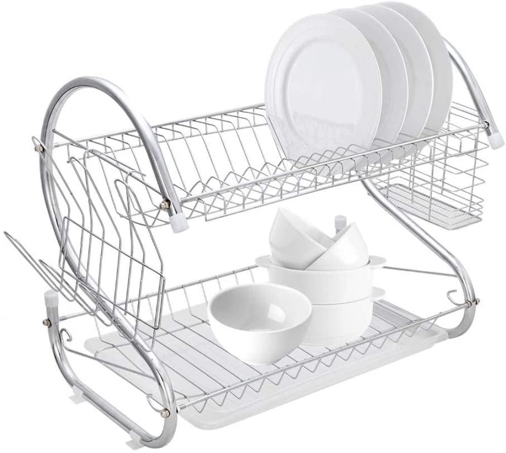 2-Tier Dish Drying Rack with Utensil & Cup Holder - Chrome Plated Space Saving Kitchen Organizer for Countertop - Perfect for Small Kitchens & Dish Storage Organization