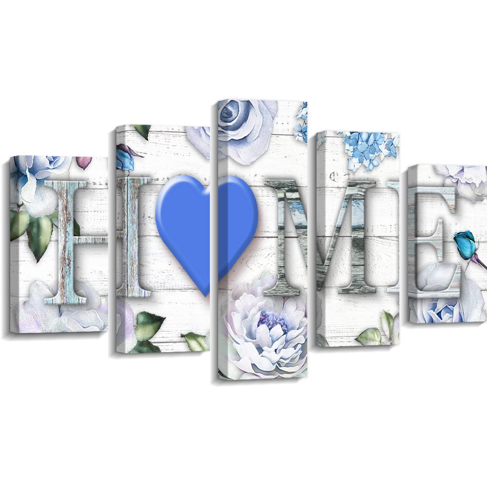 Pinetree Art Home Sign Canvas Wall Art - Modern Abstract Floral Framed Print for Living Room, Bedroom, Office Decor - Blue 80