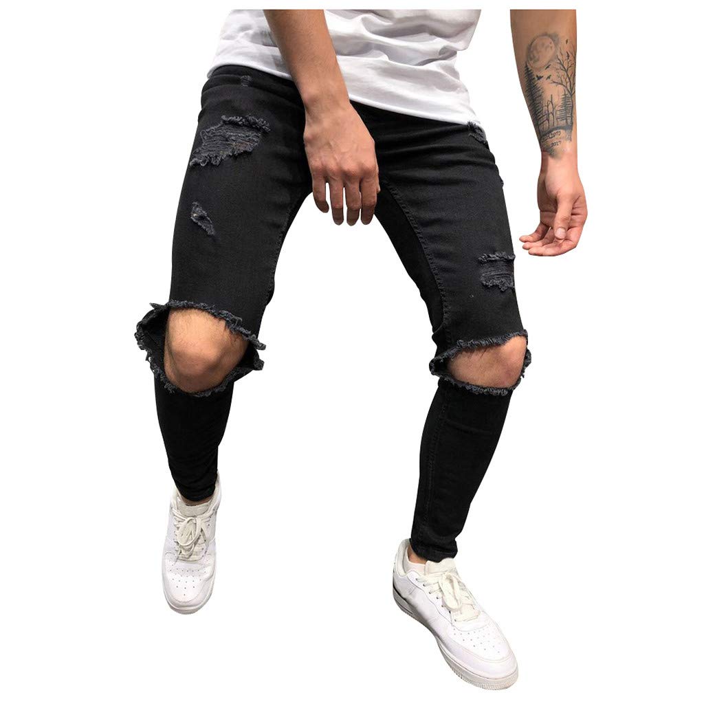 Men's Slim Fit Ripped Destroyed Jeans - Distressed Denim Pants with Holes for Hip Hop Style | Perfect for Casual Wear, Street Fashion & Night Out