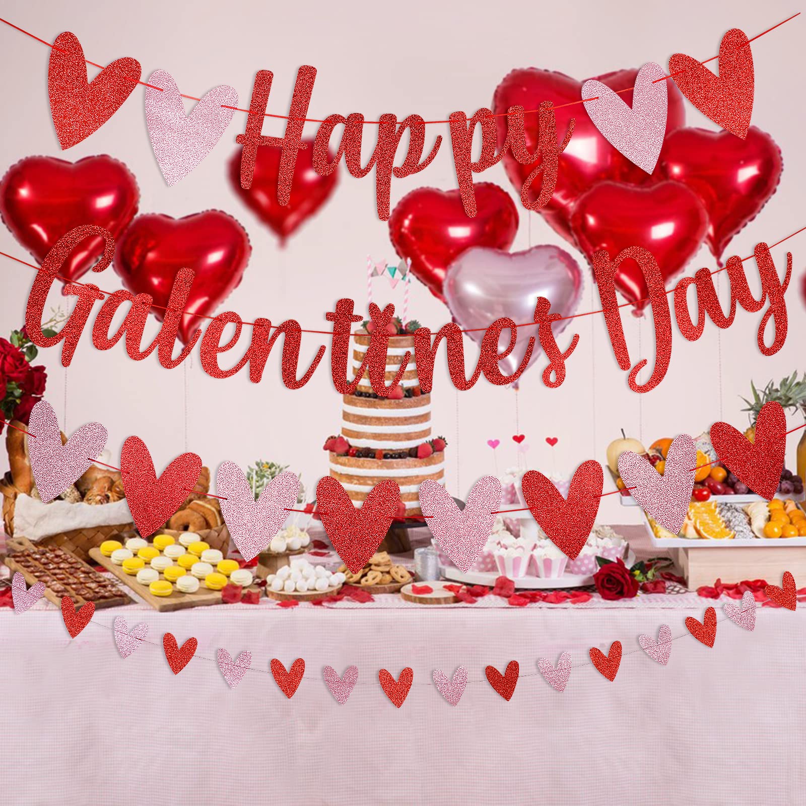 Red Glitter Happy Galentine's Day Banner & Valentine's Heart Garland Decor - Perfect for Galentine's Parties, Valentine's Wedding, Anniversary Celebrations & Romantic Home Decor