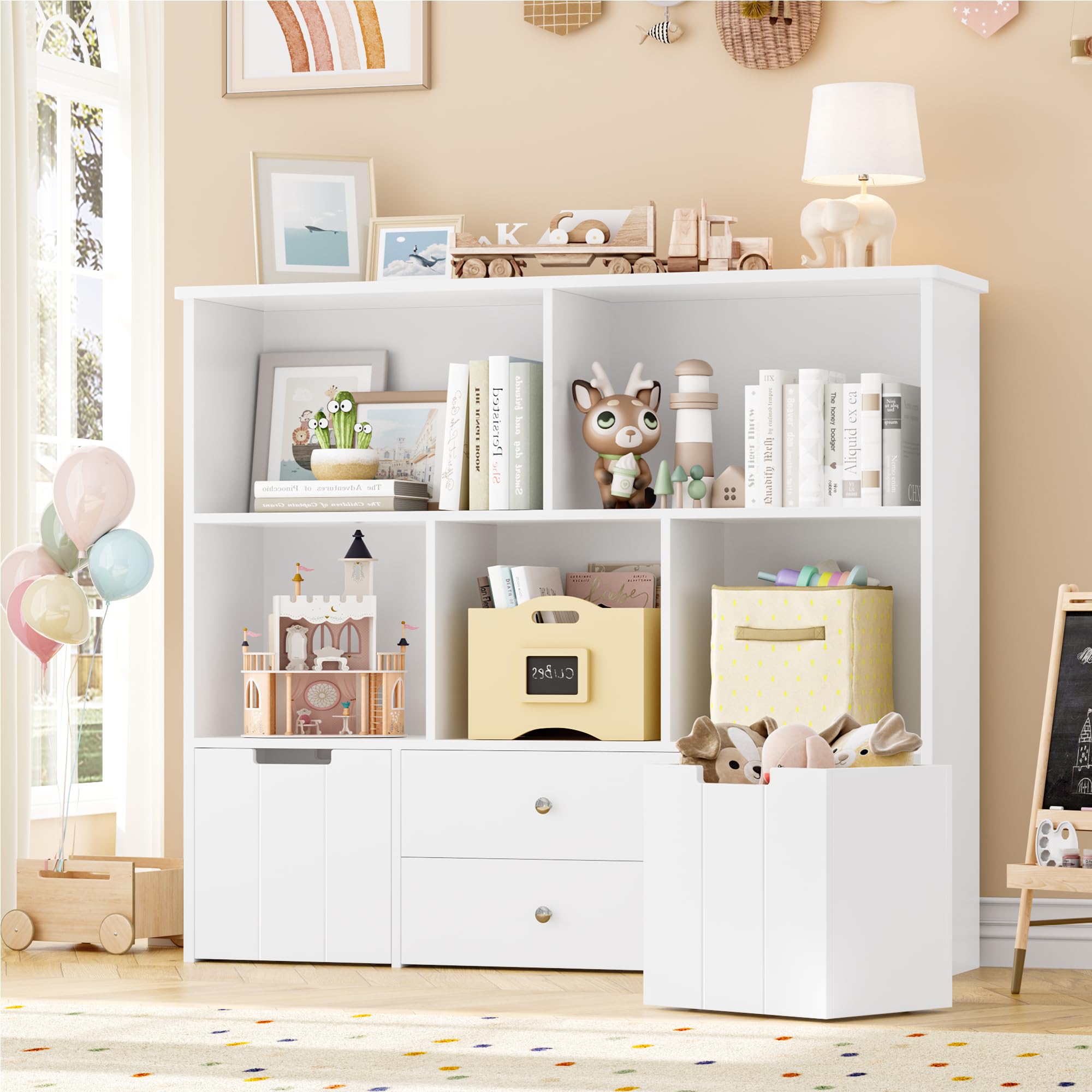 FOTOSOK 4-Drawer Toy Storage Organizer with Wheels & 5 Cubbies - Multifunctional Kids Playroom Furniture for Toys, Books & Crafts - White (Perfect for Nursery, Daycare & Home Organization)