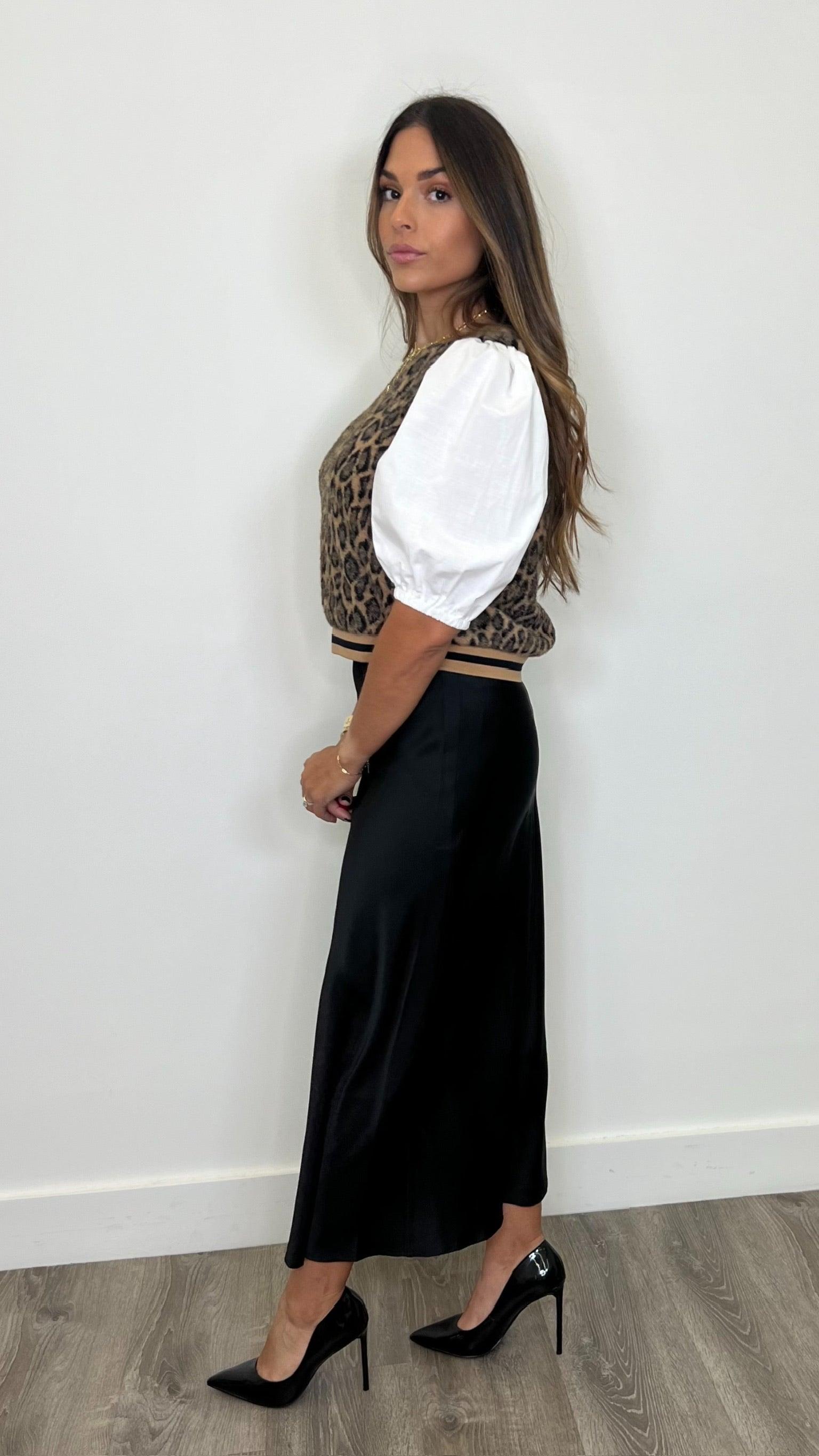 Minerva Black Satin Midi Skirt for Women - Elegant High Waist A-Line Skirt with Slit - Perfect for Office, Party & Date Night Outfits