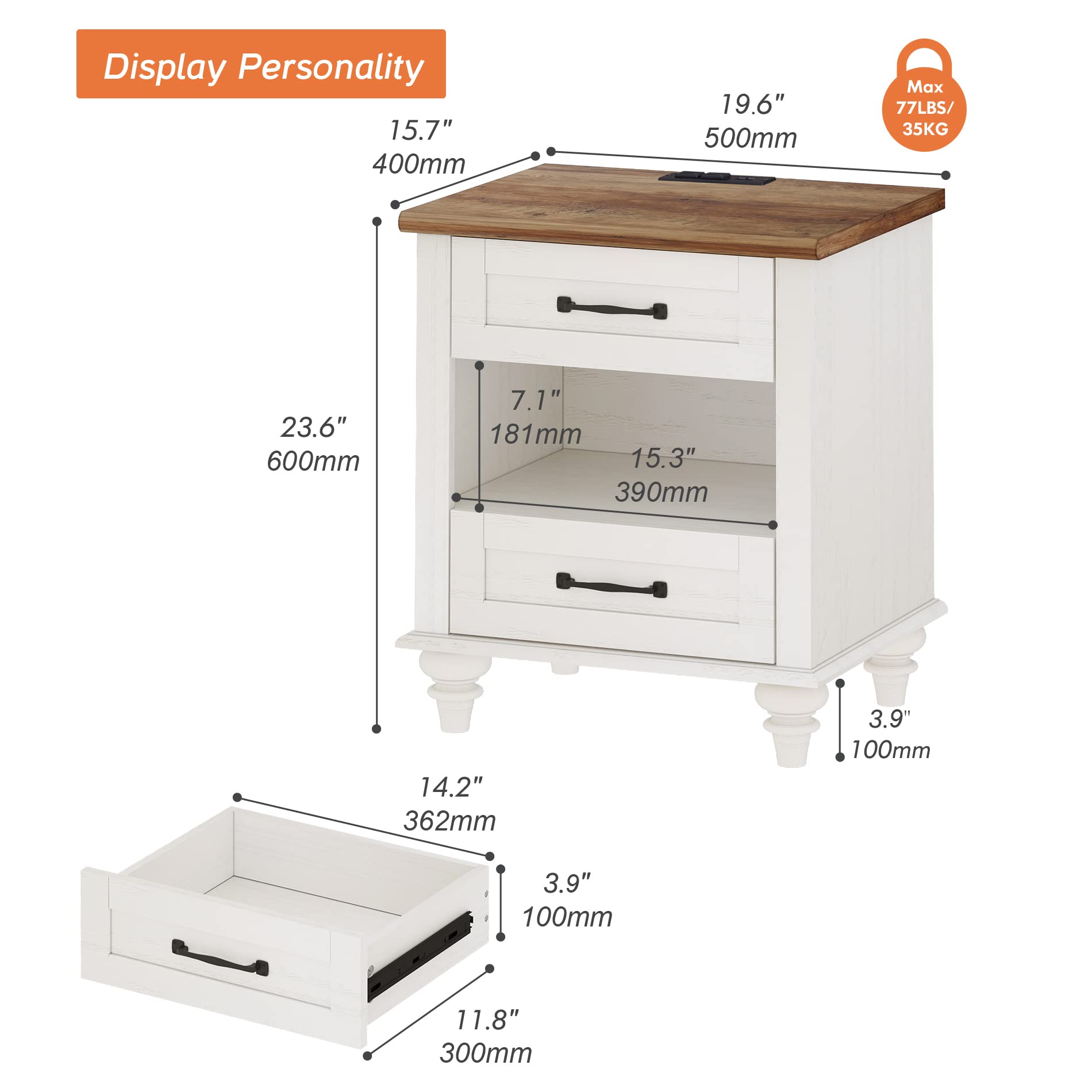 WAMPAT Set of 2 White Nightstands with USB Charging Station & 2 Drawers - Mid Century Modern Bedside Tables for Bedroom, Living Room & Dorm - Perfect for Phone Charging, Storage & Home Decor