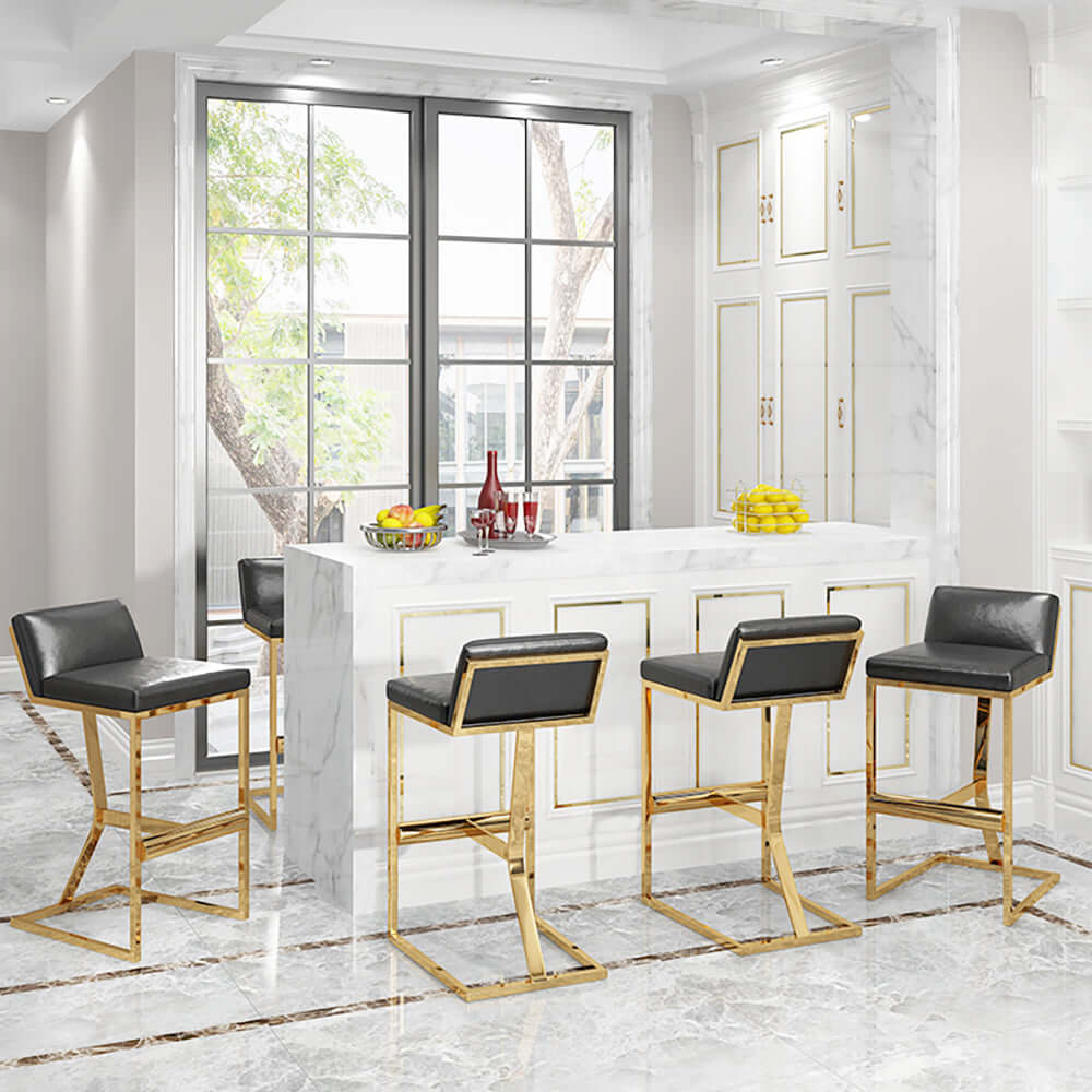 White PU Leather Bar Stool with Gold Legs & Footrest - Modern Counter Height Stool for Kitchen Island, Breakfast Bar & Home Decor