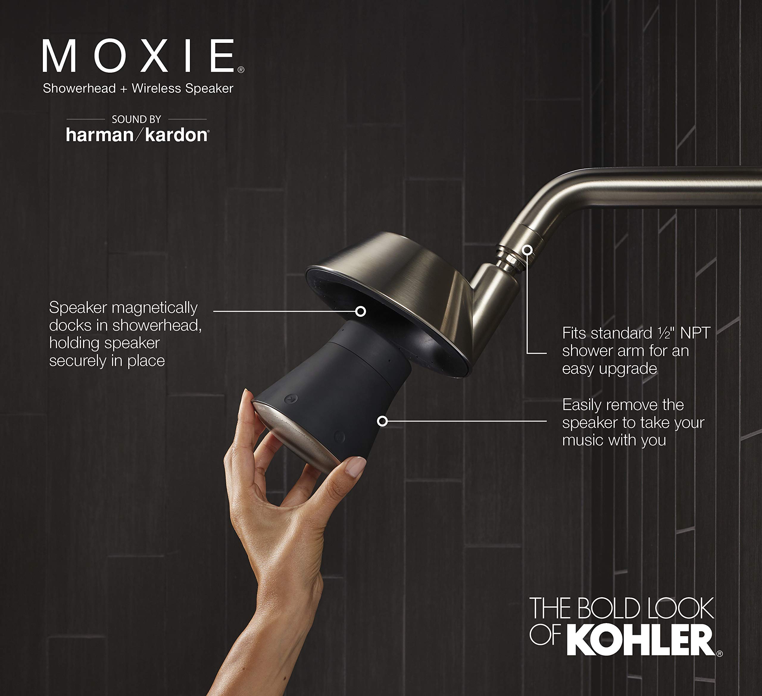 MOXIE® 1.75 GPM Bluetooth Showerhead - High Pressure Water Saving Shower Head with Wireless Speaker - Modern Bathroom Upgrade for Spa-Like Shower Experience & Music Therapy - Perfect for Relaxation, Morning Routine, Home Spa Days and Small Bathrooms