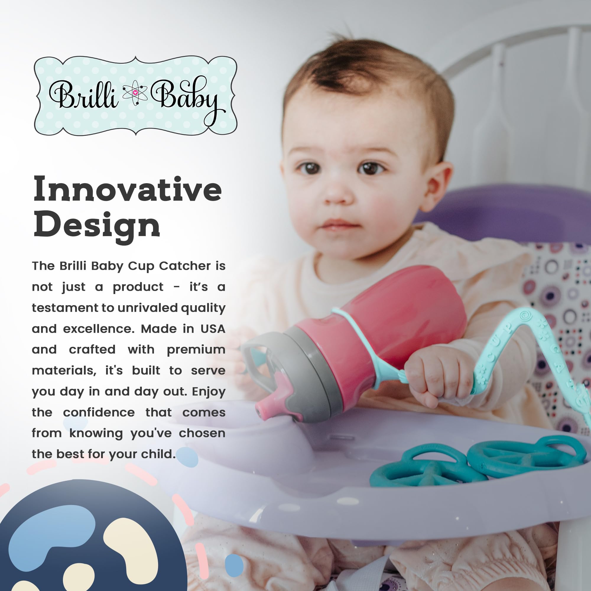 Brillibaby Cup Catcher - Patented Safety Tether Strap for Sippy Cups, Bottles, Toys & Pacifiers | Securely Attaches to Strollers, High Chairs & Car Seats | Made in USA, Food Grade & Dishwasher Safe (Lavender) | Perfect for On-the-Go Parents & Toddlers at Parks, Restaurants & Travel