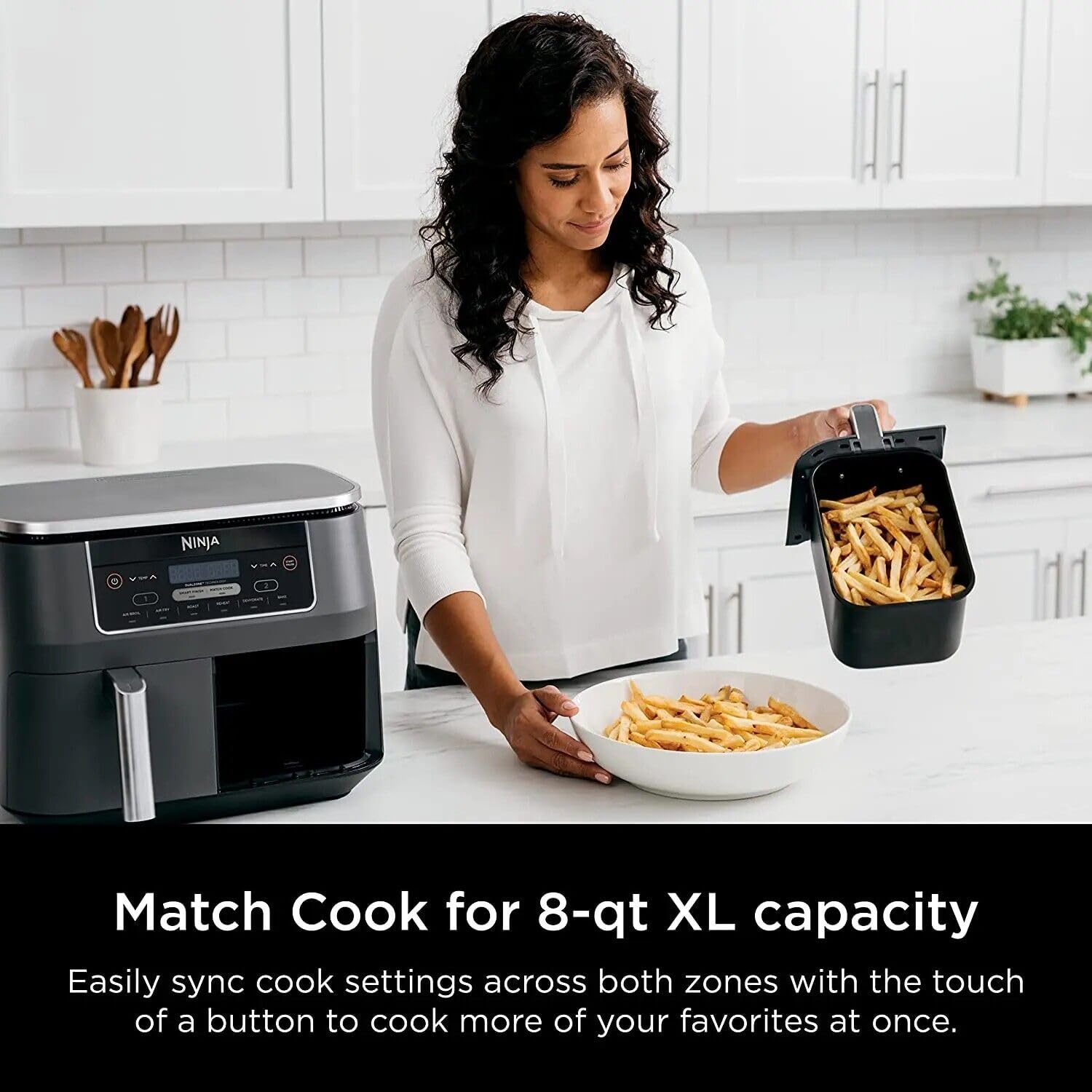 Ninja DZ201 Foodi 8 Quart 6-in-1 DualZone Air Fryer with 2 Independent Baskets - Smart Finish, Match Cook, Roast, Broil & Dehydrate Functions - Perfect for Family Dinners, Meal Prep & Healthy Cooking (Renewed, Grey)