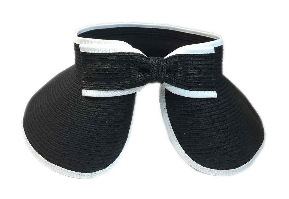 Straw Roll Up Sun Visor Hat with Bow - UPF Sun Protection for Women, Foldable Travel Beach Hat for Outdoor Sports, Hiking & Summer Vacations (Black)