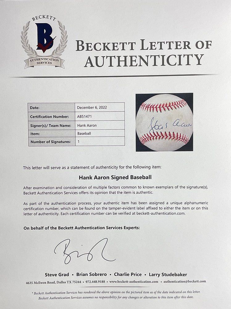 Hank Aaron Milwaukee Braves Autographed National League Baseball with LOA 471 - Perfect for Sports Memorabilia Collectors and Baseball Fans