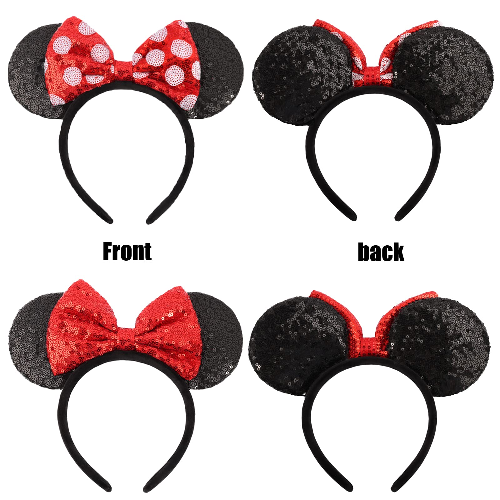 Sparkly Sequin Mouse Ear Headbands for Women & Girls - 2 Pack Classic Bow Headbands (Red Sequin & Red Dot) | Perfect for Disney Trips, Cosplay, Halloween & Theme Parties