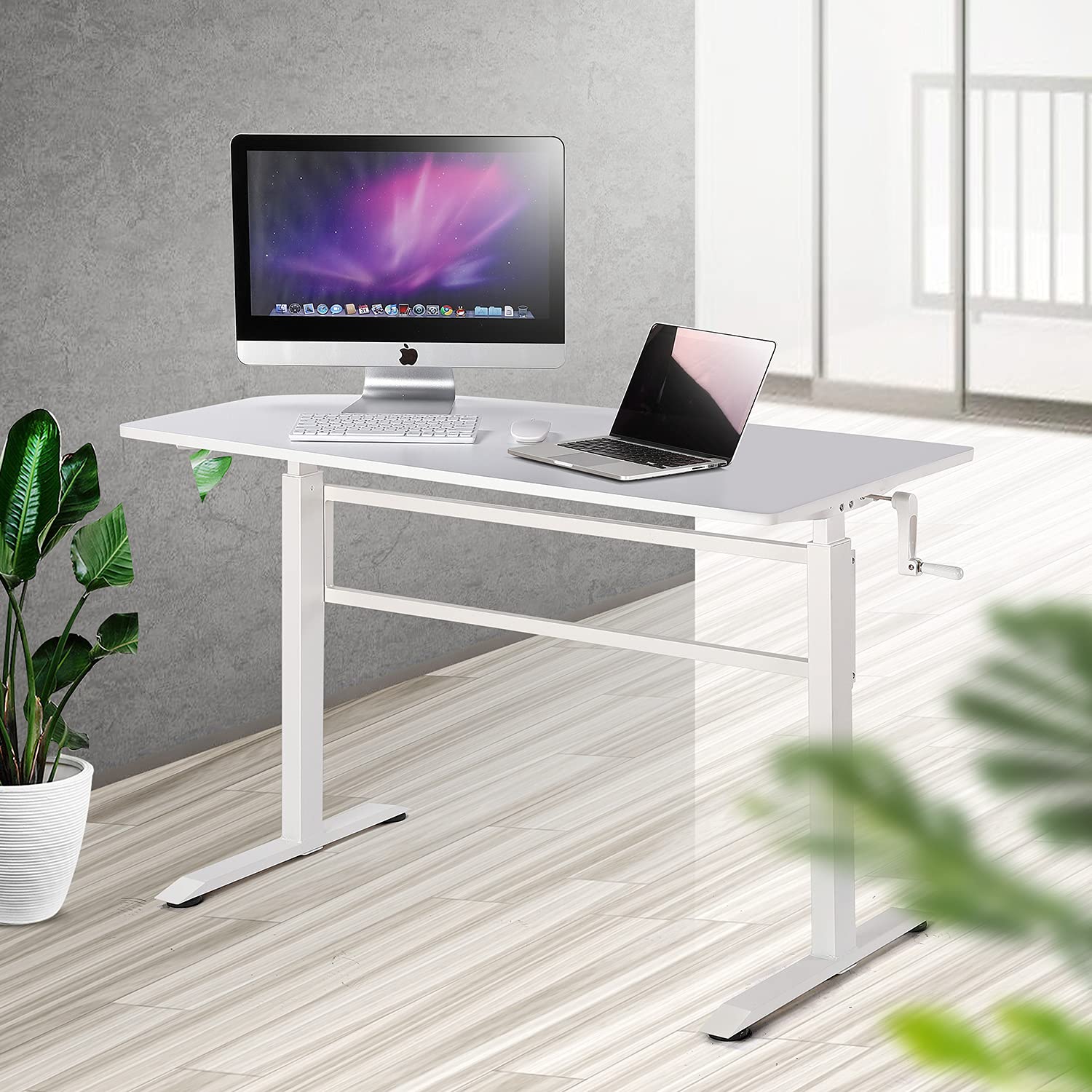 UNICOO 48 x 24 Inches Manual Standing Desk - Heavy Duty Adjustable Height Computer Workstation with Crank Mechanism & Headphone Hook (White, SYK01) | Perfect for Home Office, Gaming Setup & Ergonomic Workspace