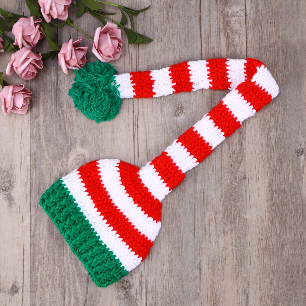 Baby Christmas Long Tail Crochet Beanie Knit Hat - Newborn Photoshoot Prop & Stocking Cap for Holiday Pictures, Winter Newborn Photography, Xmas Gift & Seasonal Accessories