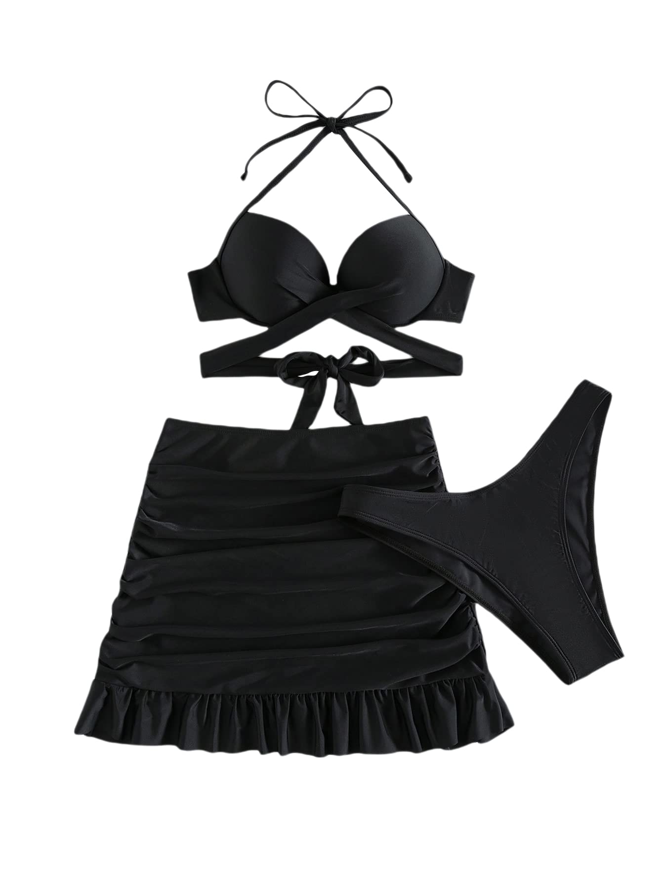 SOLY HUX Women's 3 Piece Knot Front Push Up Bikini Set with Cover Up - Sexy Swimwear for Beach, Pool & Vacation - Plus Size Bathing Suit for Summer