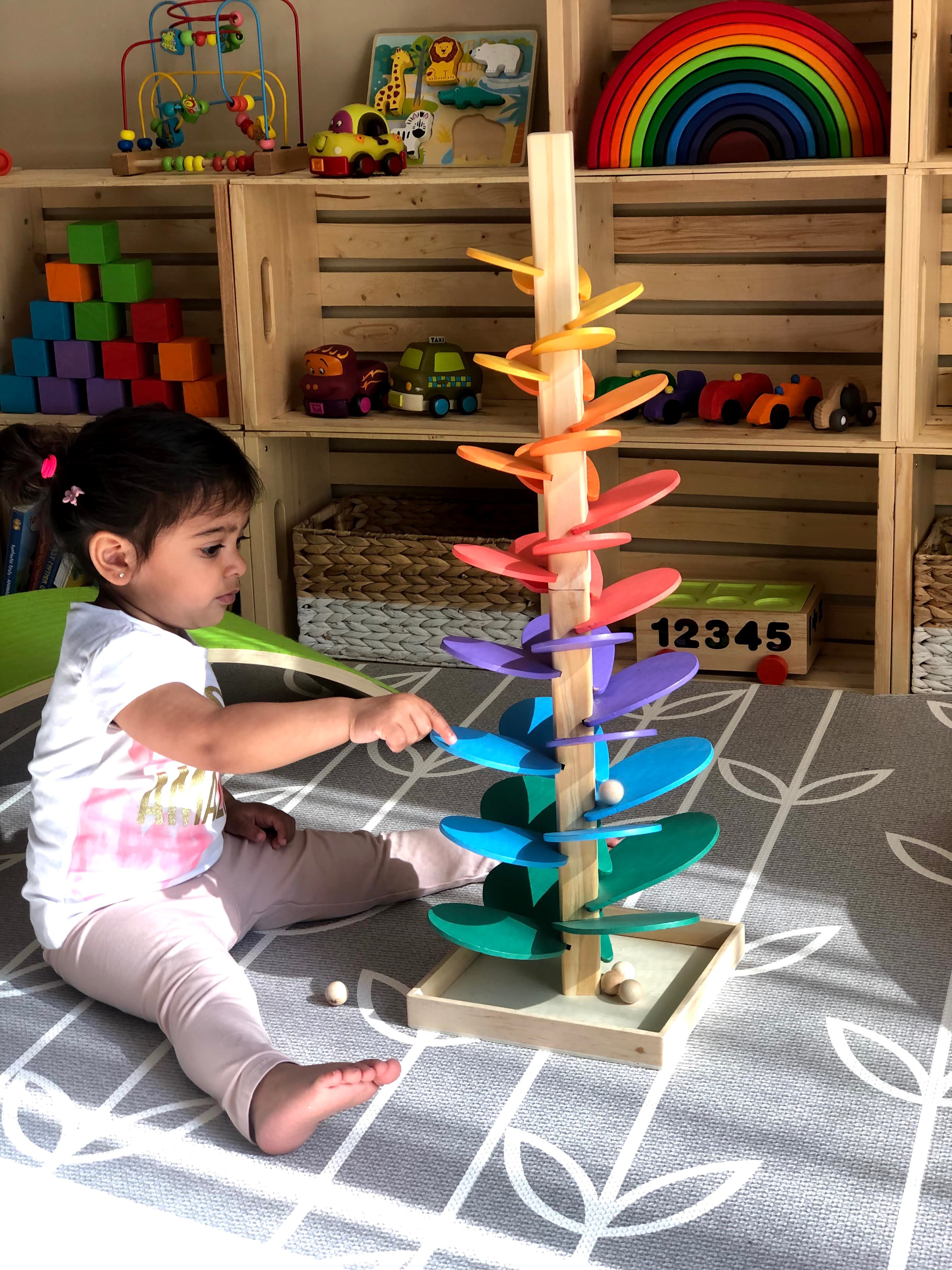 Large Wooden Marble Run Toy with Rainbow Sound Tree & Colorful Wooden Balls - Fun Educational STEM Activity for Kids Indoor Play