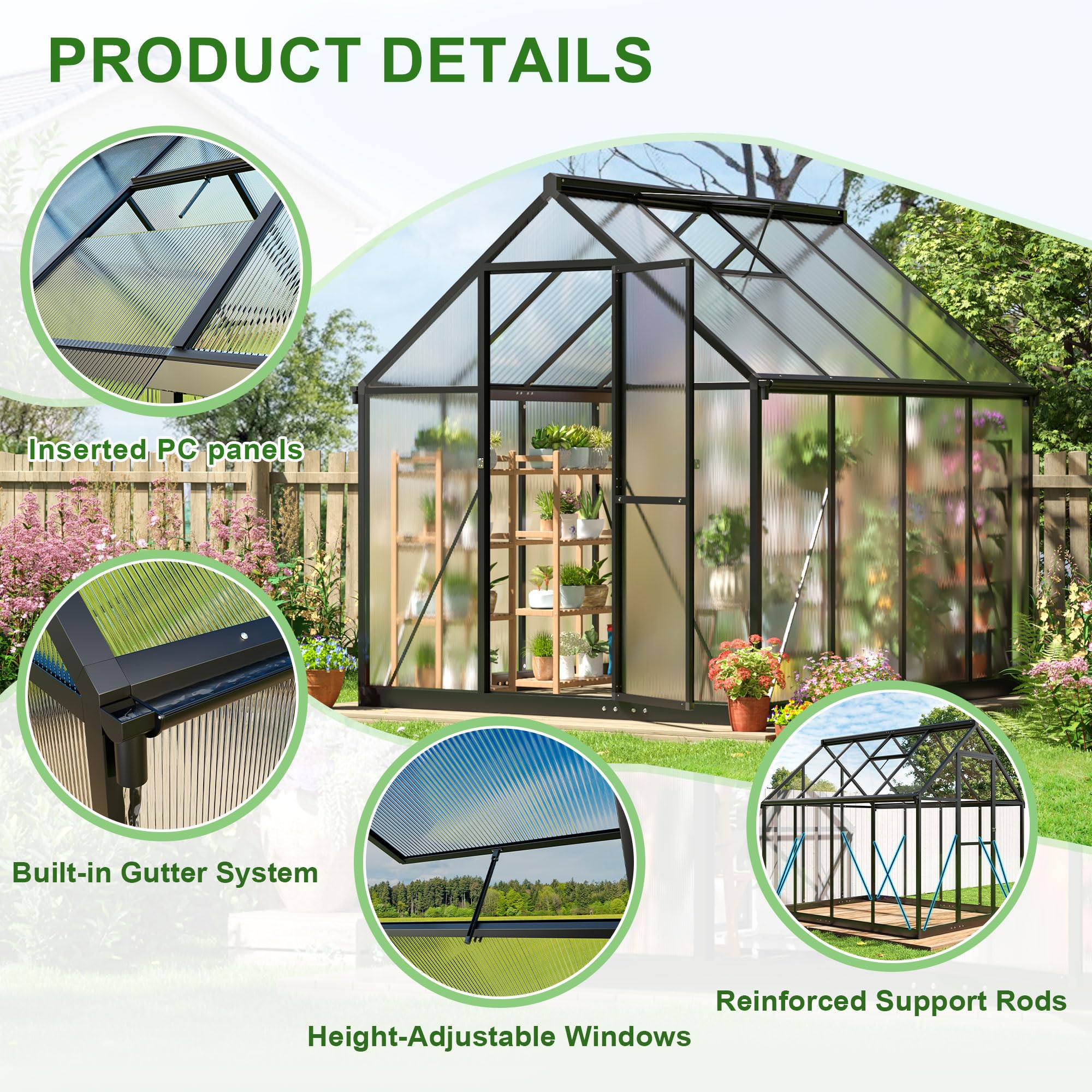 6x8 FT Polar Aurora Greenhouse - Quick Assembly Aluminum Frame with Polycarbonate Panels - Walk-in Outdoor Greenhouse with Ventilated Windows - Perfect for Backyard Gardening, Plant Growing & Home Farming
