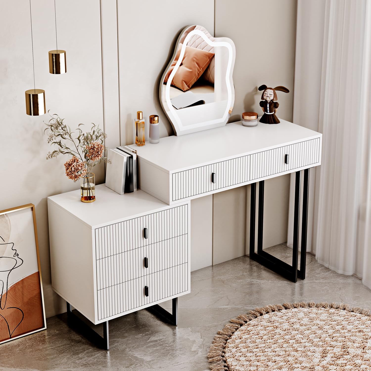 Modern White Vanity Desk with Mirror & Lights - 5 Drawers for Bedroom Makeup
