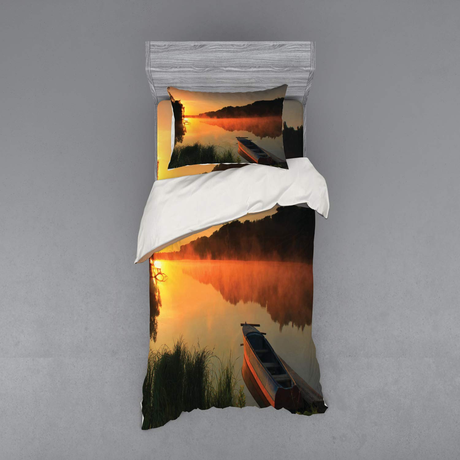 Ambesonne Lake Bedding Set - 3 Piece Duvet Cover with Sham & Fitted Sheet, Twin Size, Orange Dark Green Yellow, Summer Morning Fishing Theme with Misty Lake Shore Design | Perfect for Cozy Cabins, Lakeside Retreats & Nature-Inspired Bedrooms