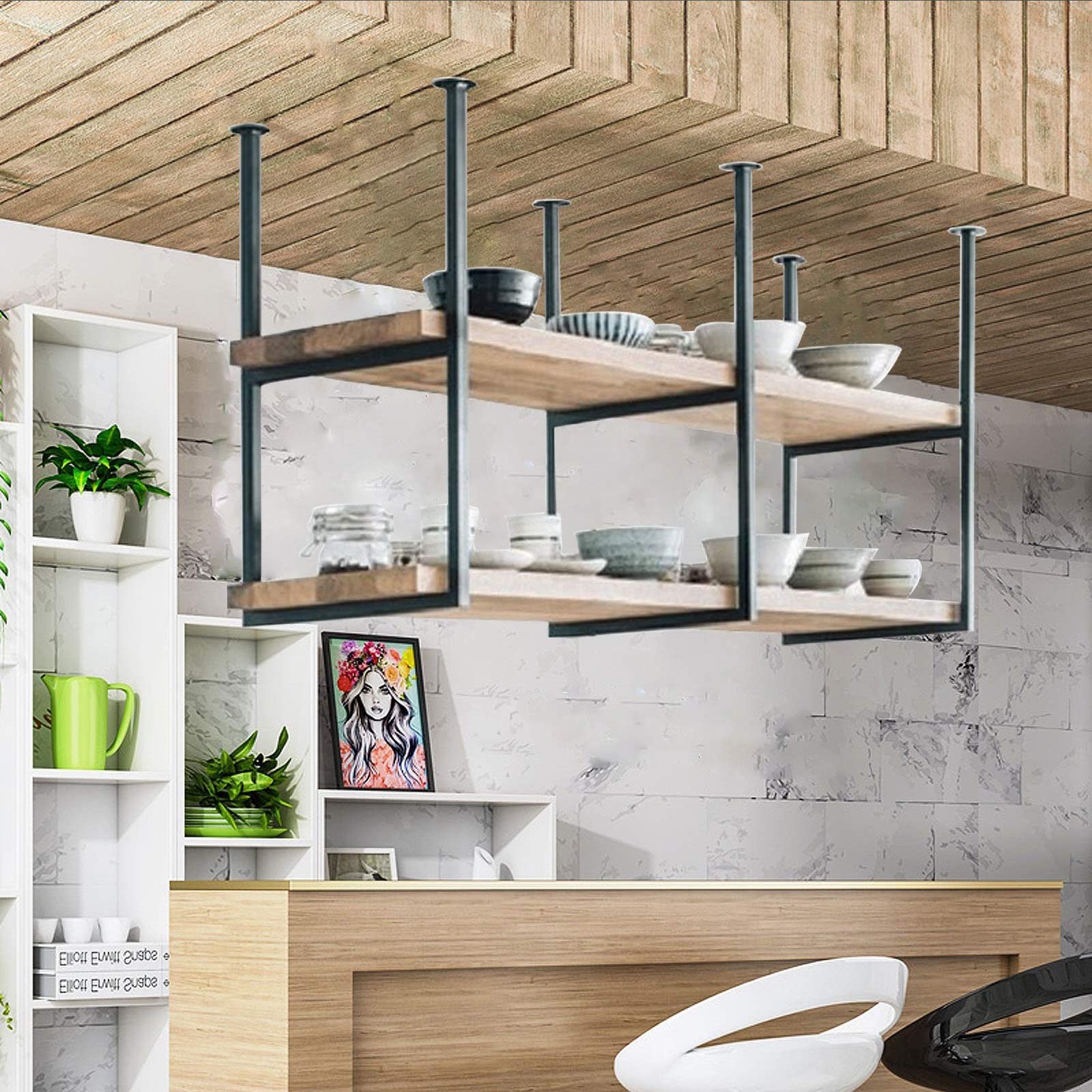 Solid Wood & Wrought Iron Ceiling Hanging Wine Rack - European Style Multifunctional Display Shelf for Kitchen, Bar, Living Room - Perfect for Wine Storage & Home Decor