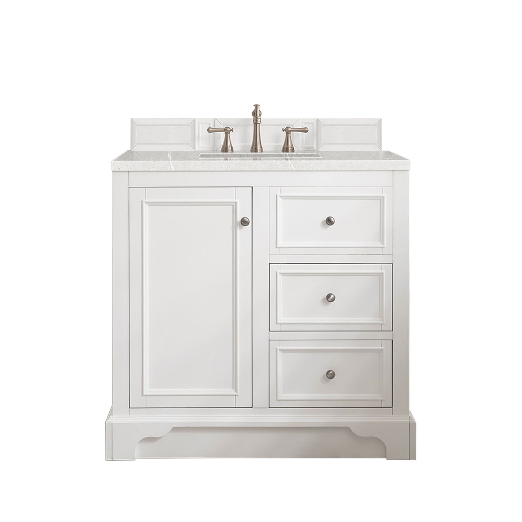 De Soto 36 Inch Single Bathroom Vanity Set with 3CM Eternal Serena Quartz Top in Bright White - Perfect for Modern Bathroom Renovations and Small Space Designs