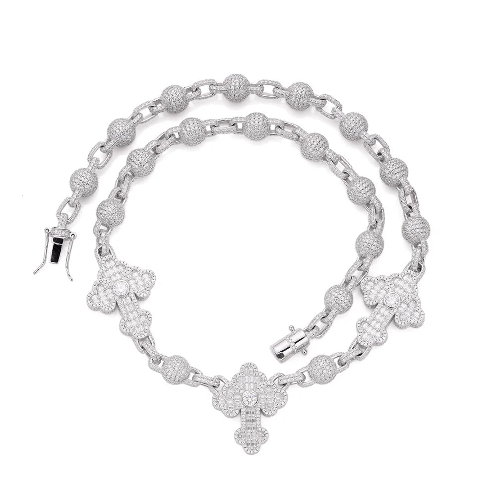 Moissanite Bead Cross Rosary Chain - Silver Baguette Cut Religious Jewelry for Prayer, Meditation & Spiritual Gifts