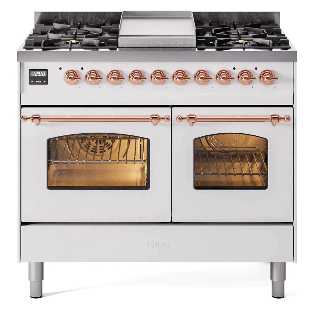 ILVE 40 Nostalgie II Series Freestanding Double Oven Dual Fuel Range - 6 Sealed Burners & Griddle - Professional Gas & Electric Range for Home Kitchen - Perfect for Baking, Roasting & Family Cooking (Model UPD40FNMP)
