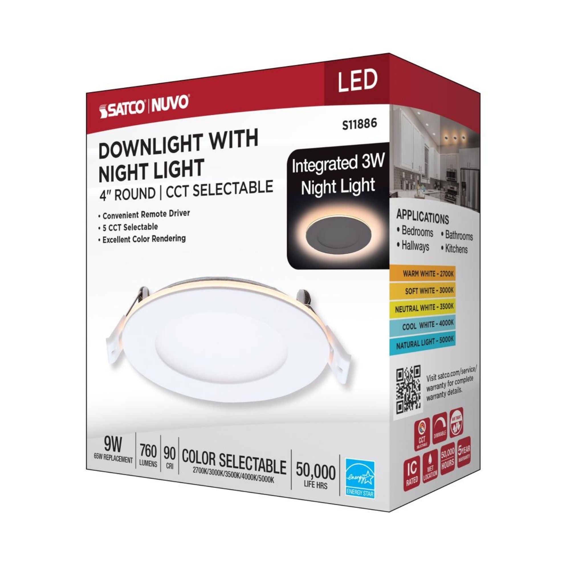 4 Inch LED Recessed Downlight with Night Light - 760 Lumens, Adjustable CCT (2700K-5000K), White Round Trim - Perfect for Bedroom, Kitchen & Living Room Lighting