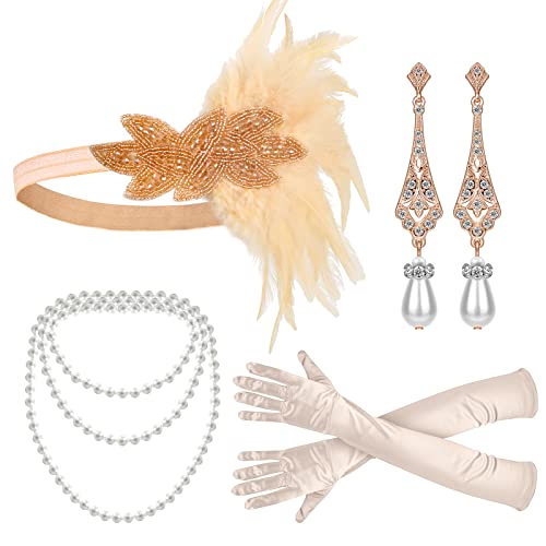 Vintage 1920s Flapper Headband for Women - Roaring 20s Gatsby Style Hair Accessory with Feathers (Beige) - Perfect for Themed Parties, Halloween Costumes & Jazz Age Events