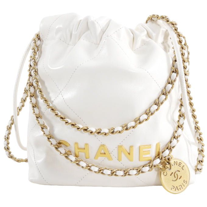 Chanel 22 Mini Chain Bag in White Glossed Leather with Signature Logo - Perfect for Evening Events, Date Nights & Luxury Fashion Accessories