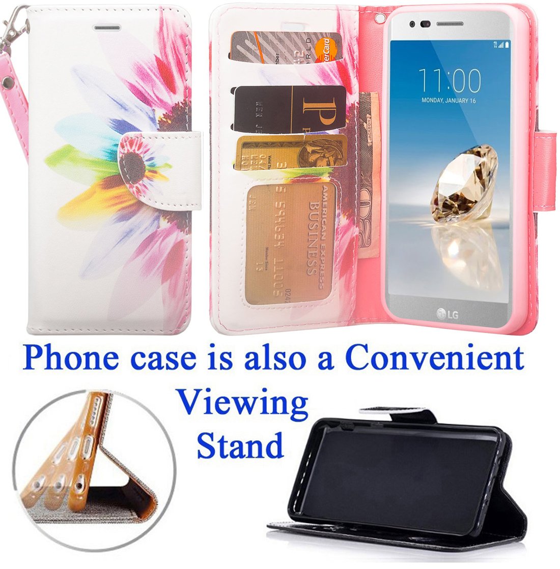 2018 LG Aristo 2 Zone 4 Case - Crystal Flower Hybrid Wallet Grip with Kickstand, Textured Fold Pouch, Card Pocket & Screen Flip Cover - Perfect for Everyday Use, Travel & Work