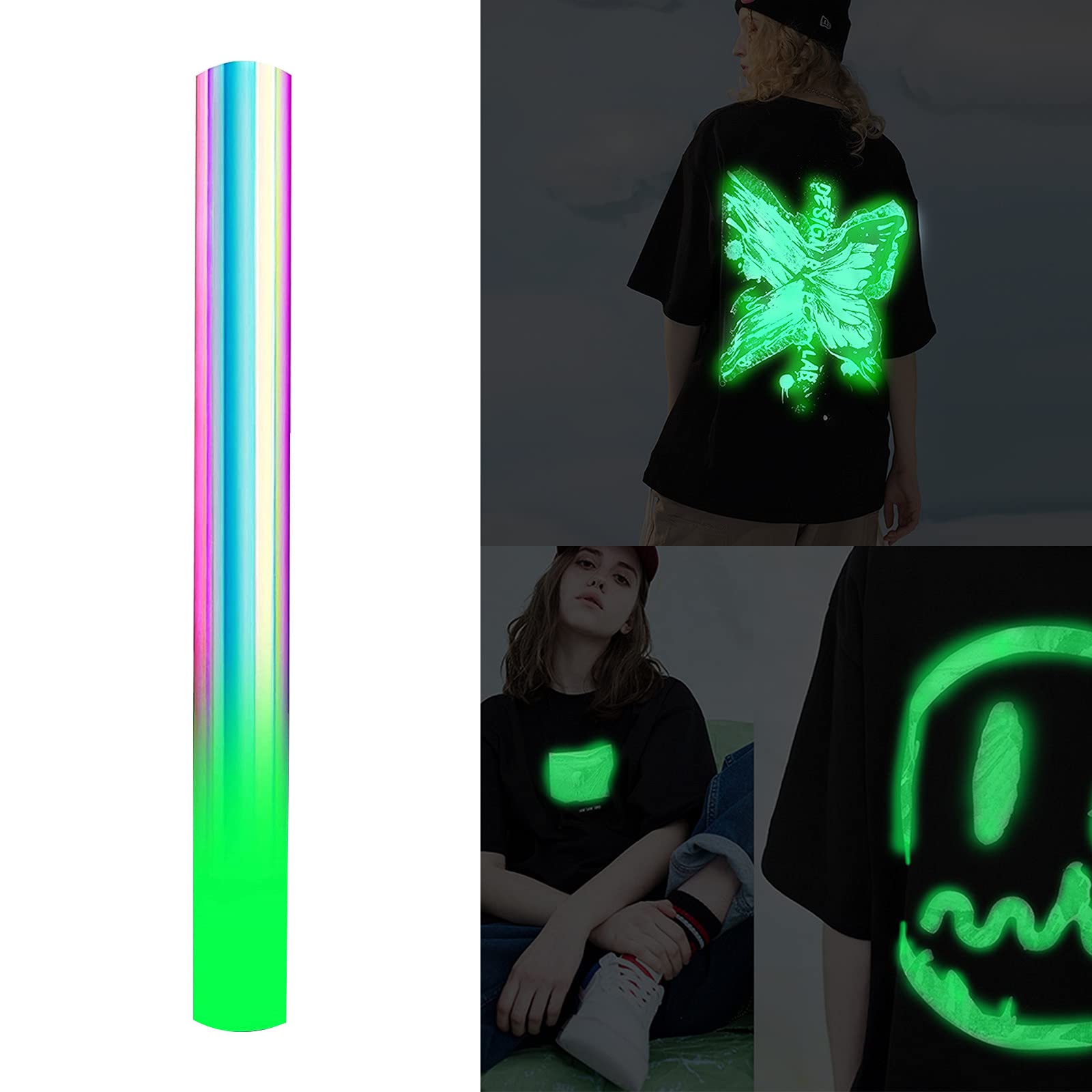 Glow in The Dark Heat Transfer Vinyl Sheets - 1 Roll Luminous Fluorescent Color Changing HTV for T-Shirts, DIY Crafts & Custom Apparel - Perfect for Halloween Costumes, Party Outfits & Nighttime Safety Designs