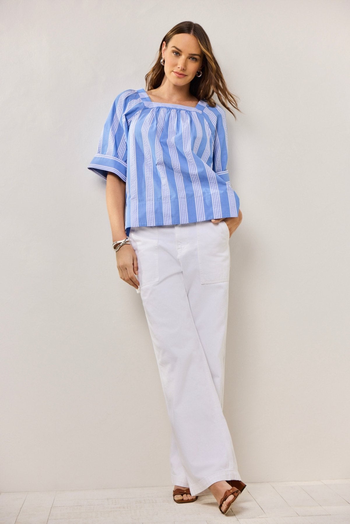 Violet Seersucker Striped Short Sleeve Popover Shirt for Women - Casual Summer Beachwear & Outdoor Activities