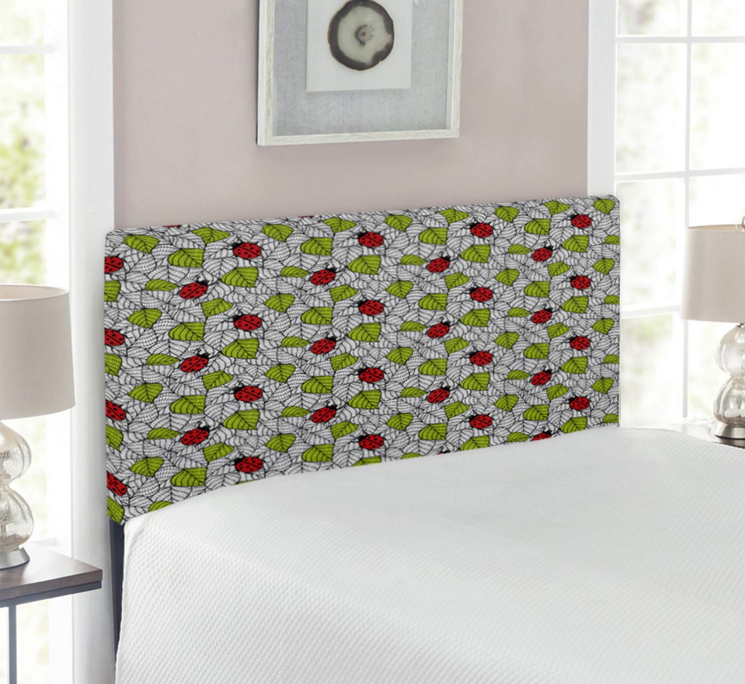 Ambesonne Ladybugs Headboard - Eco-Friendly Fresh Leaves & Ladybugs Doodle Design Upholstered Metal Bed Frame with Memory Foam, Twin Size, Green Black Red - Perfect for Kids' Rooms & Nature-Themed Bedrooms
