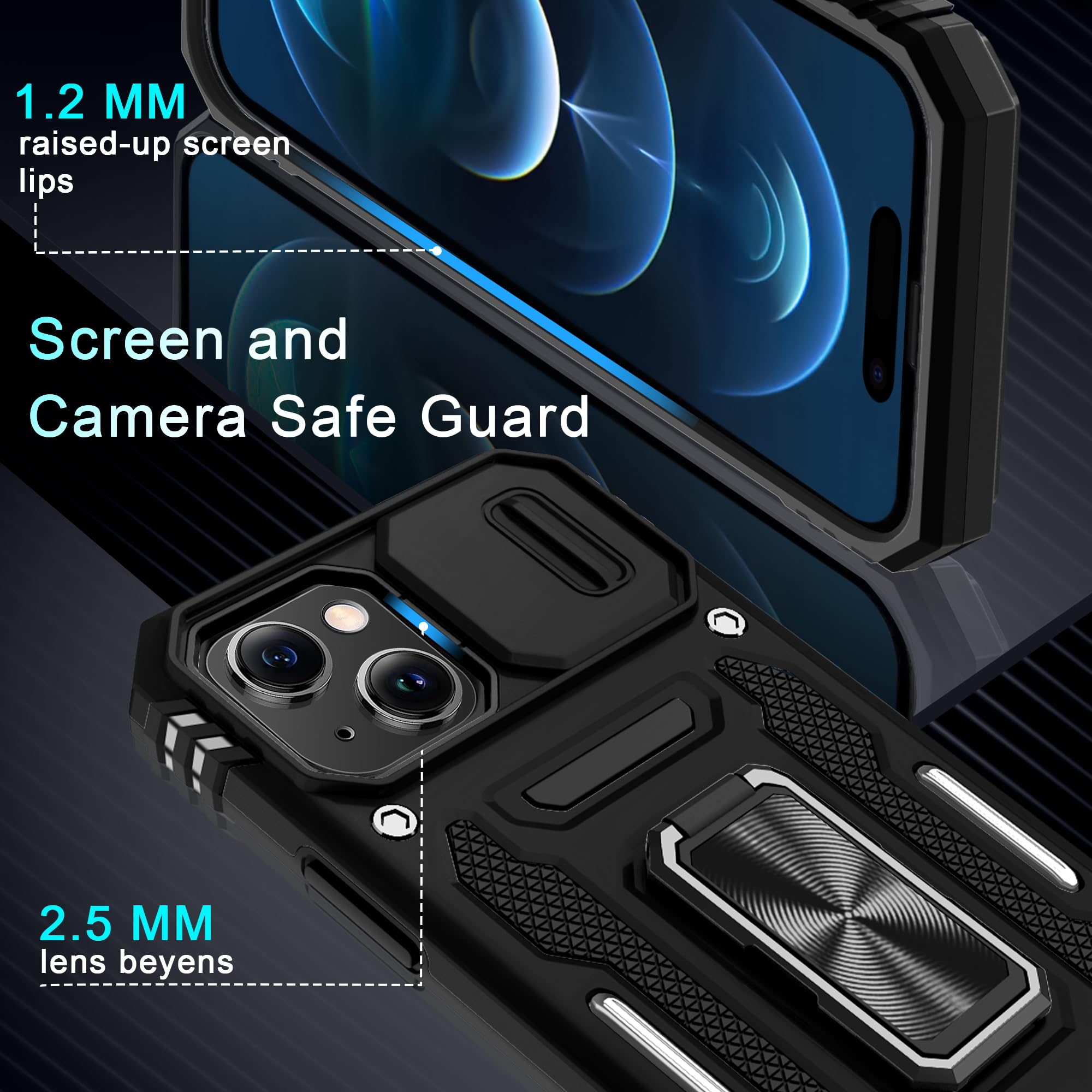 DEERLAMN iPhone 15 Plus Case with Slide Camera Cover & Screen Protector (6.7 Inch) - Military Grade Shockproof Protective Cover with Rotating Ring Kickstand - Black | Perfect for Outdoor Activities, Travel & Daily Protection