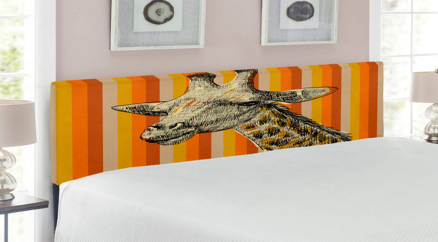 Ambesonne Giraffe Headboard - Sketch Style Hipster Animal Portrait, Zoo Savannah Wildlife Themed Upholstered Metal Bed Frame with Memory Foam - King Size Multicolor Decorative Headboard for Bedroom, Nursery, or Safari-Themed Decor